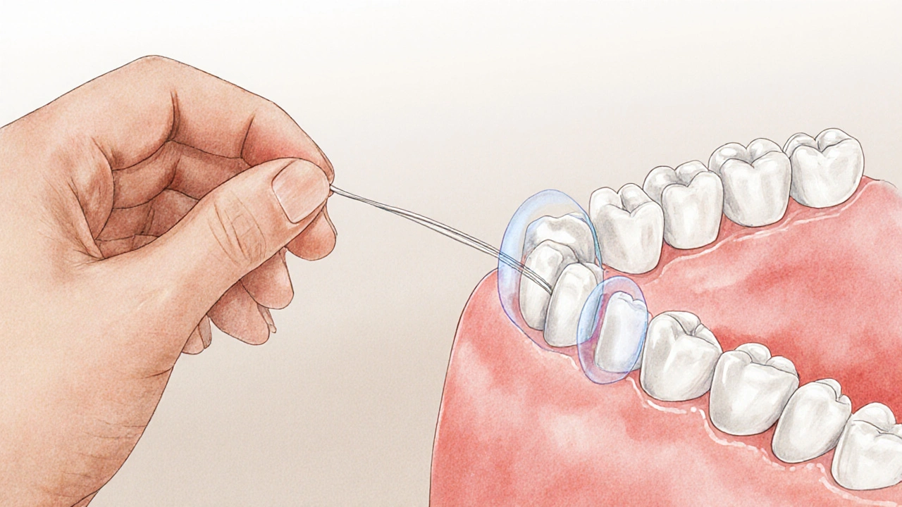 Ruka používá zubní nit k čištění mezizubního prostoru s inlay.