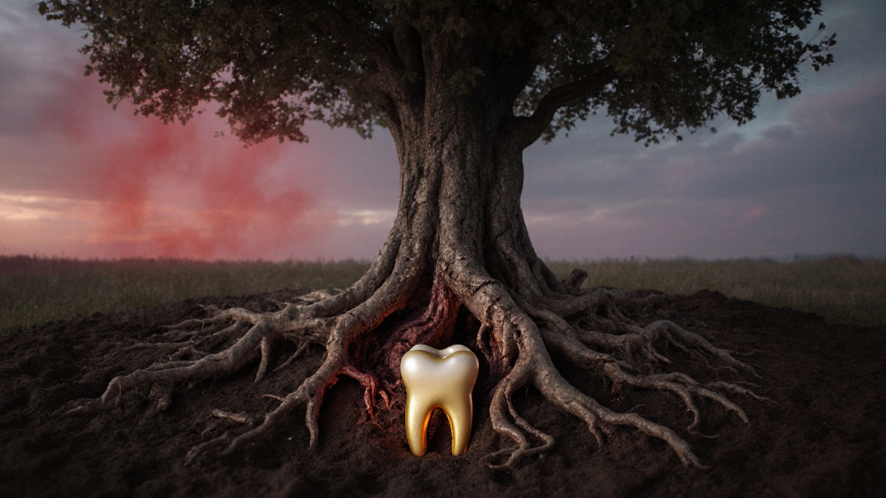 Strom s rozpadajícími se kořeny jako symbol ztráty zubů z důvodu zánětu.