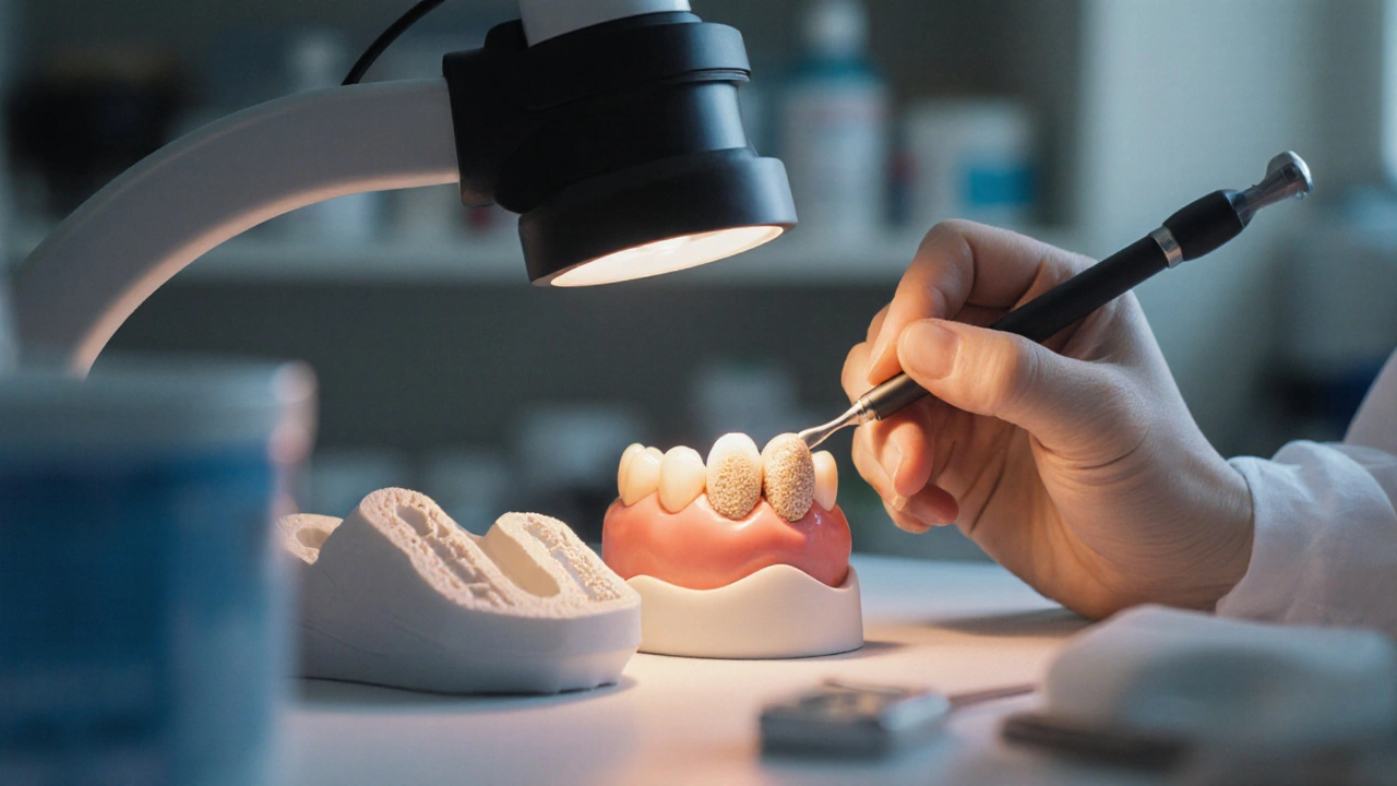 Technik v zubní laboratoři vyrábí přesnou kompozitní vložku.