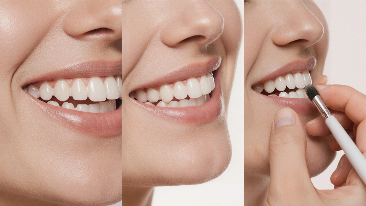 Tři typy fazet vedle sebe: neinvaazivní, keramické a kompozitní – vizuální srovnání.