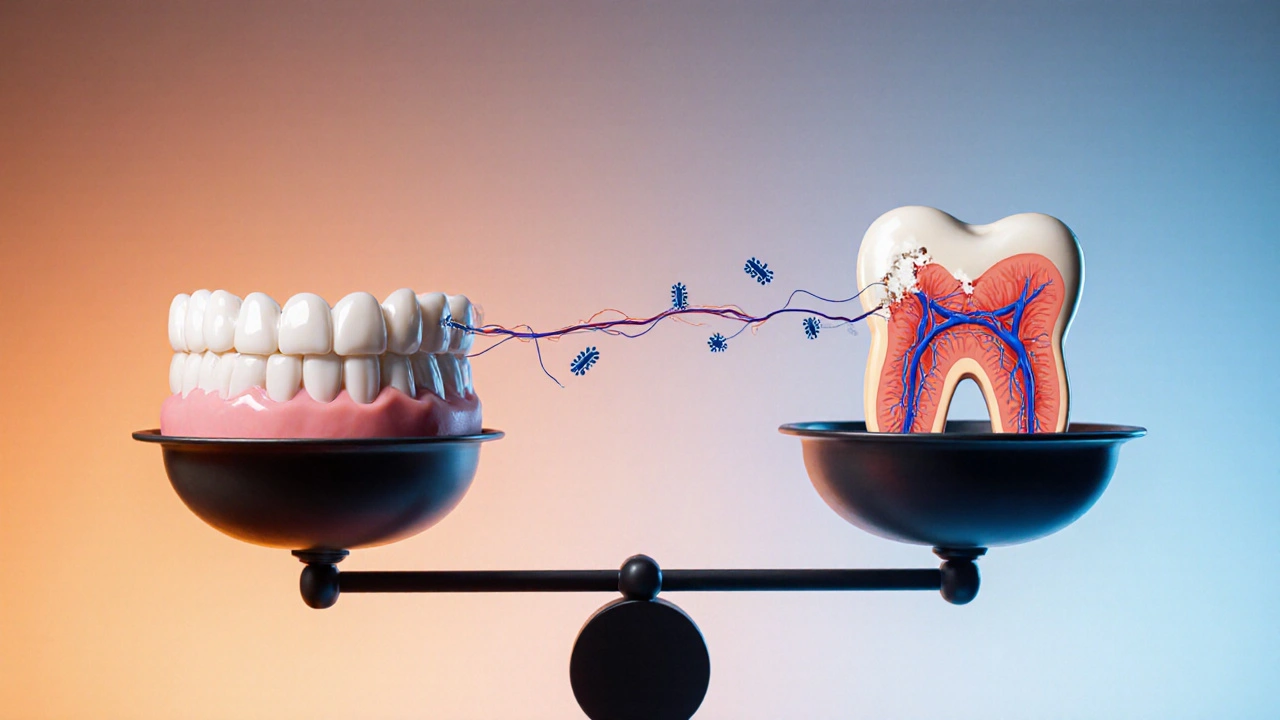 Váha s healthy zuby na jedné straně a poškozenými zuby a zúženými cévami na druhé.