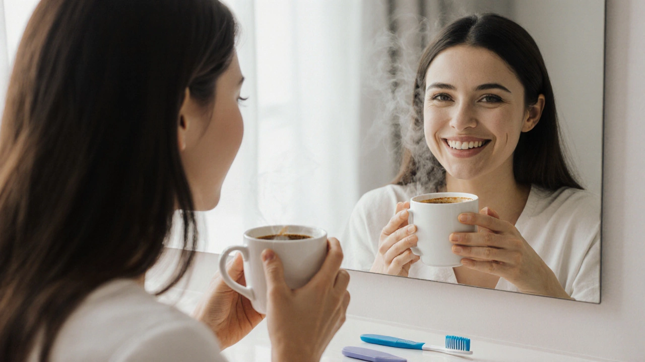 Žena drží kávu, její úsměv odrazuje v zrcadle — jedna strana s skvrnami, druhá s dokonalými fazetami.