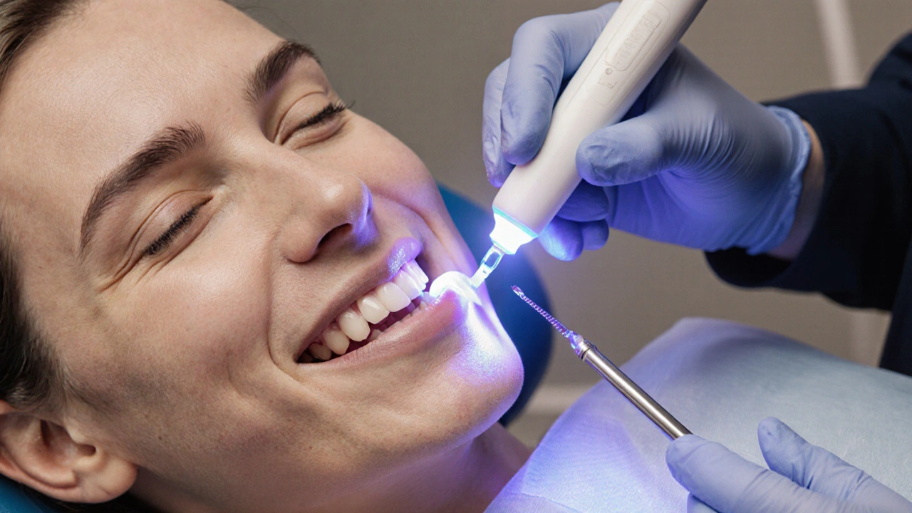 Zubař aplikuje kompozitní materiál na zub během jedné návštěvy.