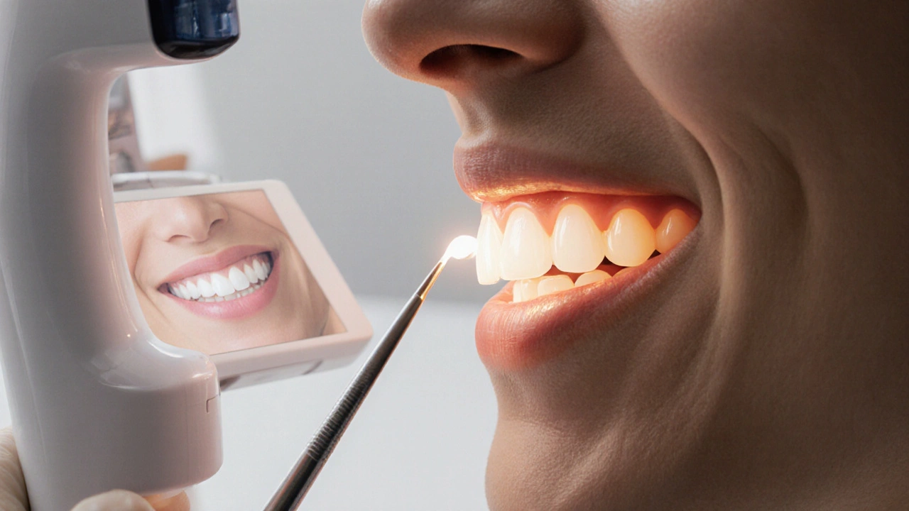 Zubař připevňuje tenkou keramickou fazetu na přední zub pomocí přesných nástrojů.