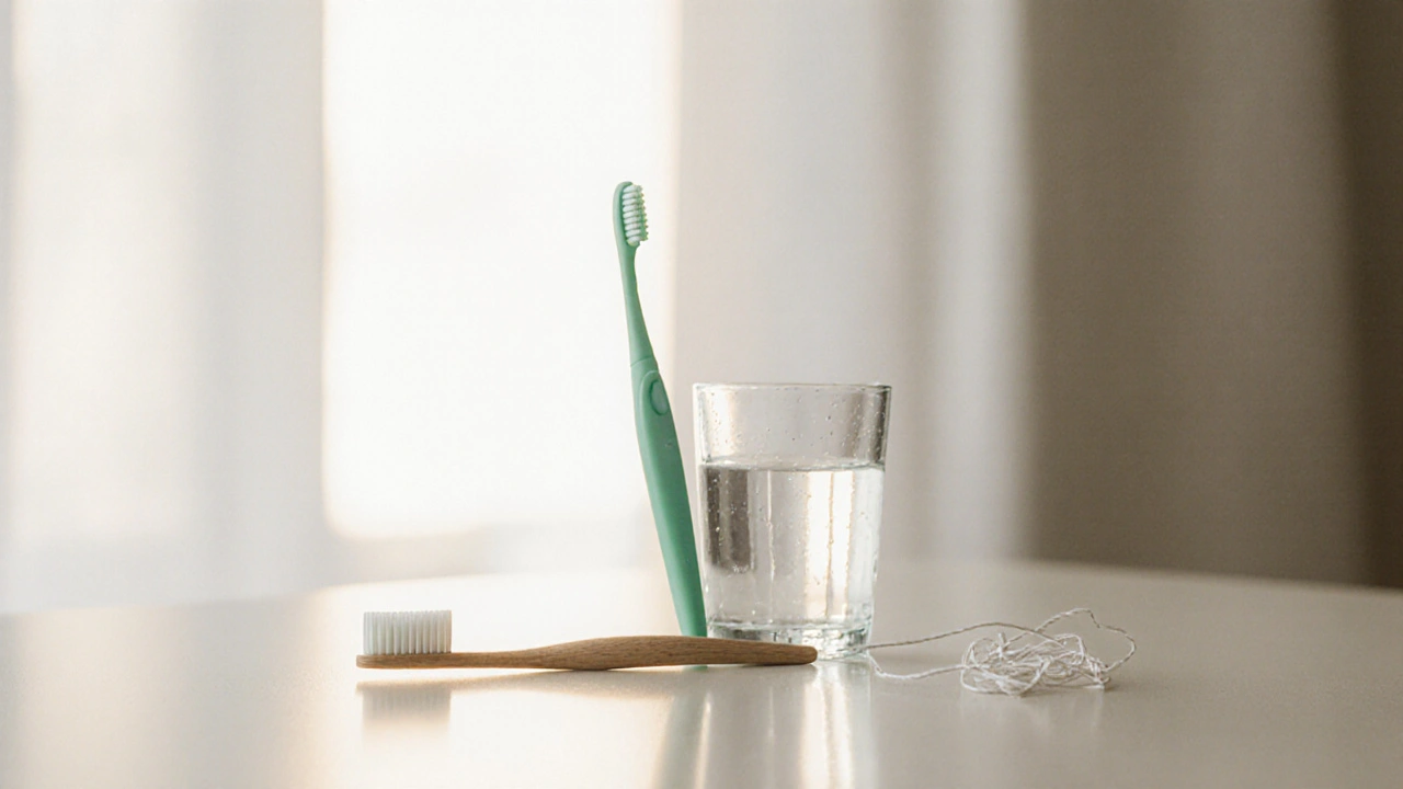 Zubní kartáček, nit a sklenice vody na koupelnové pultě – symbol prevence.