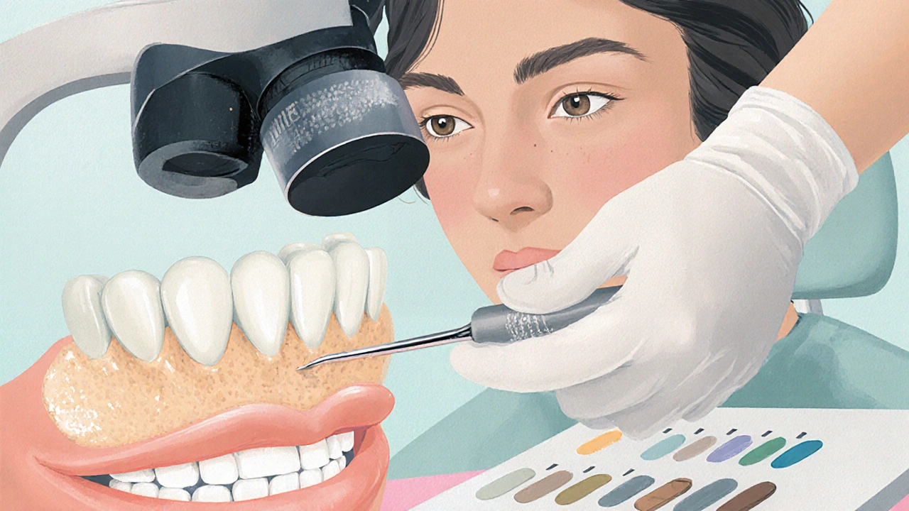 Zubní lékař instaluje keramickou korunku pod mikroskopem.