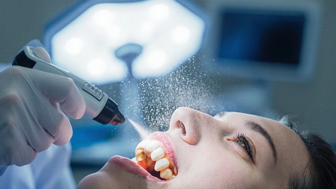 Zubní lékař odstraňuje pigmentaci pomocí práškového proudění.