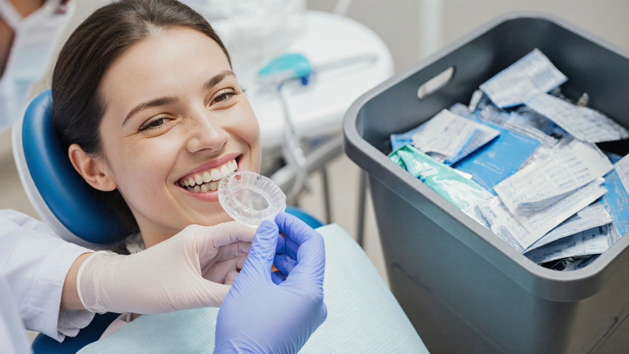 Zubní lékař přizpůsobuje domácí bělicí šablony pacientovi.