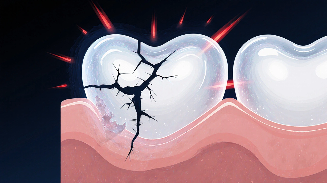 Zvětšený pohled na poškozenou zubní sklovinku s kyselinami ji rozežírajícími.