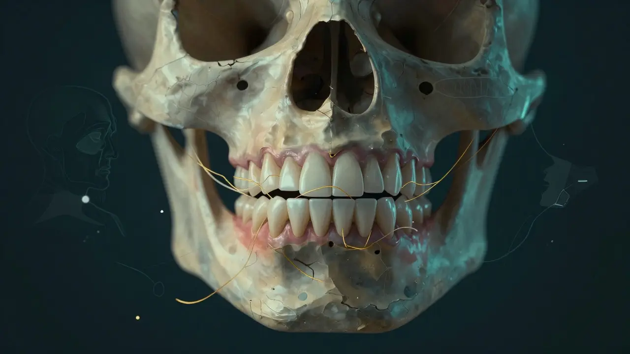 Abstraktní ilustrace čelisti s zuby, které se postupně zarovnávají, od chaosu k harmonii.