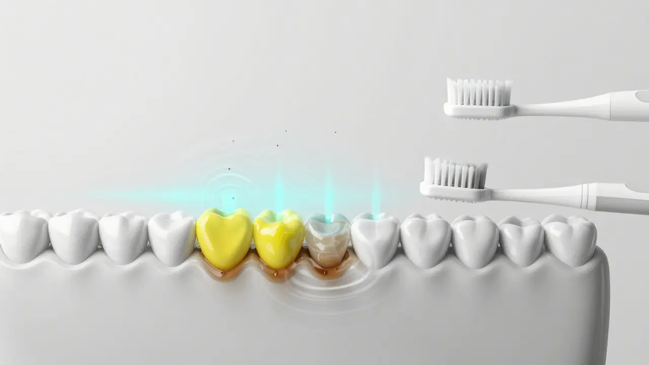 Časová osa od zubního kamene k čistým zubům pomocí sonického kartáčku.