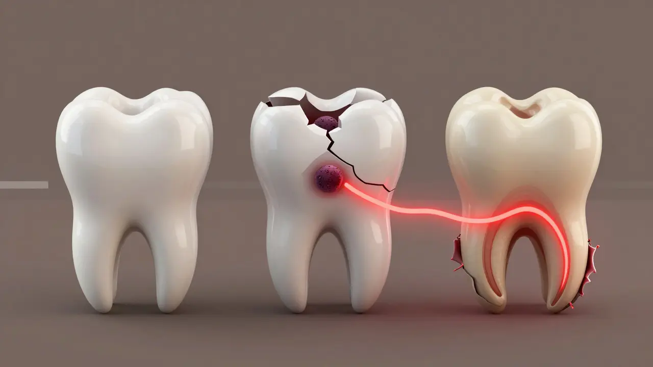 Časová osa rozvoje poškození zubu až po ztrátu kořene.