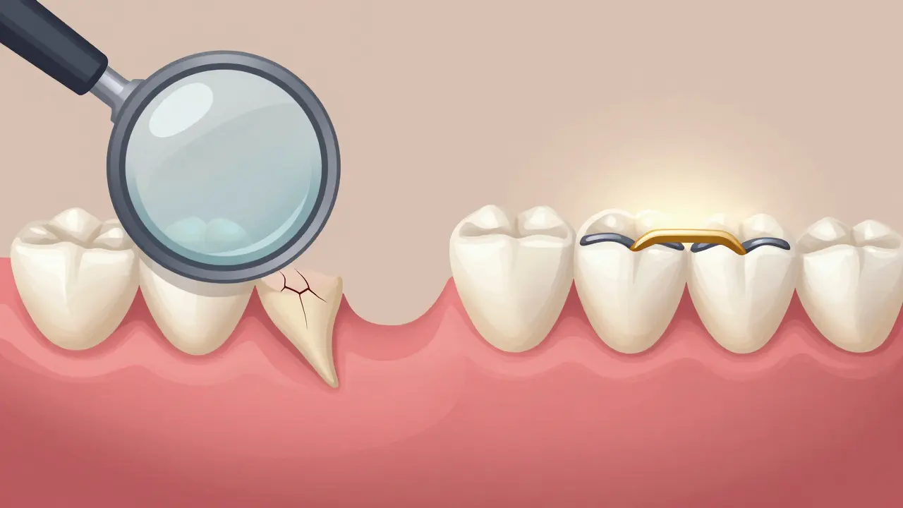 Contrasting images of a failing and a durable adhesive bridge under magnification.