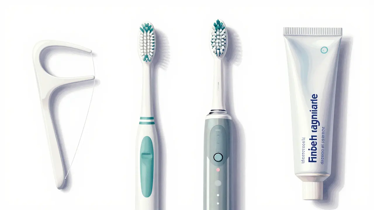 Čtyři nástroje pro mezizubní péči: nit, kartáček, elektrostatický kartáček a pasta