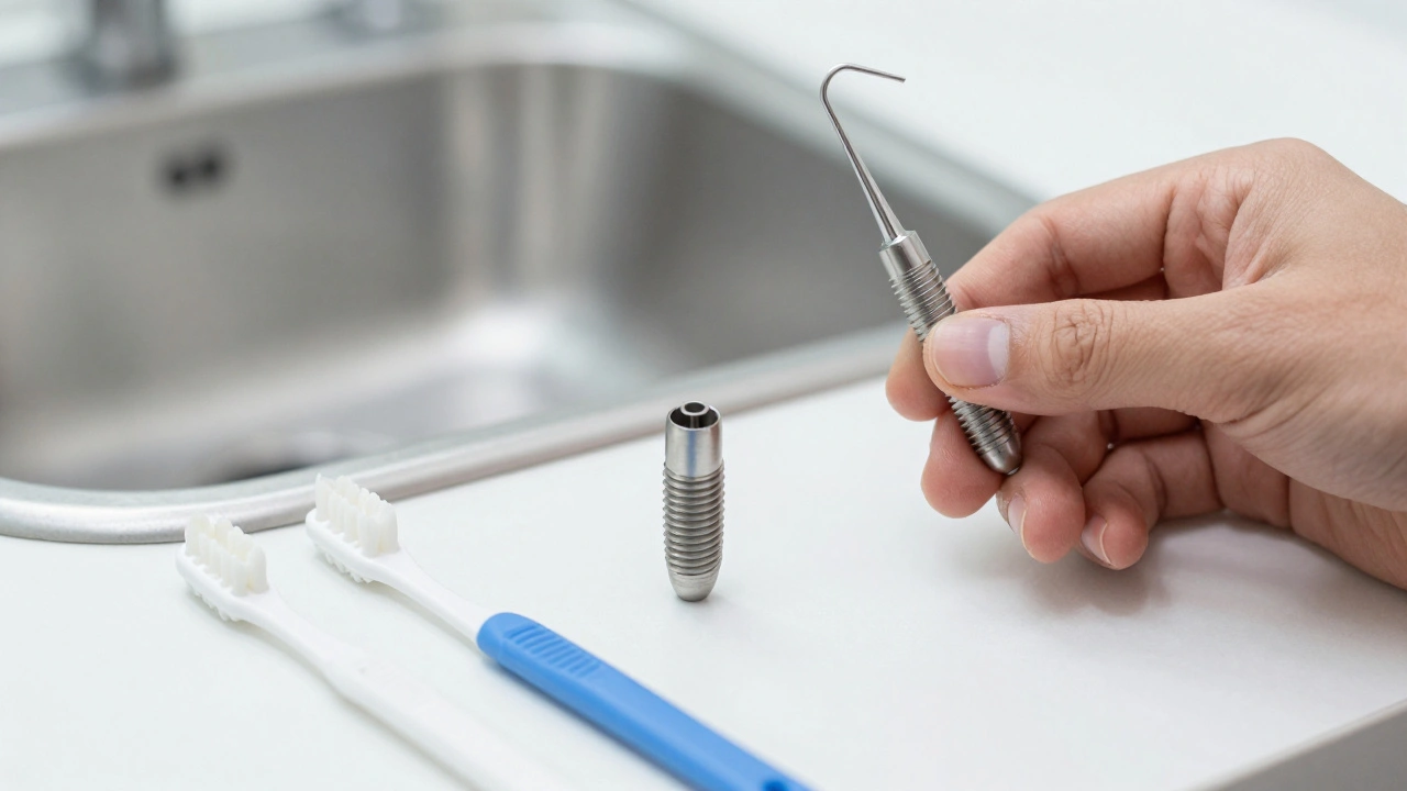 Dentalní nástroje a čistící prostředky na bílém pozadí, symbolizující trvalou péči o implantáty.