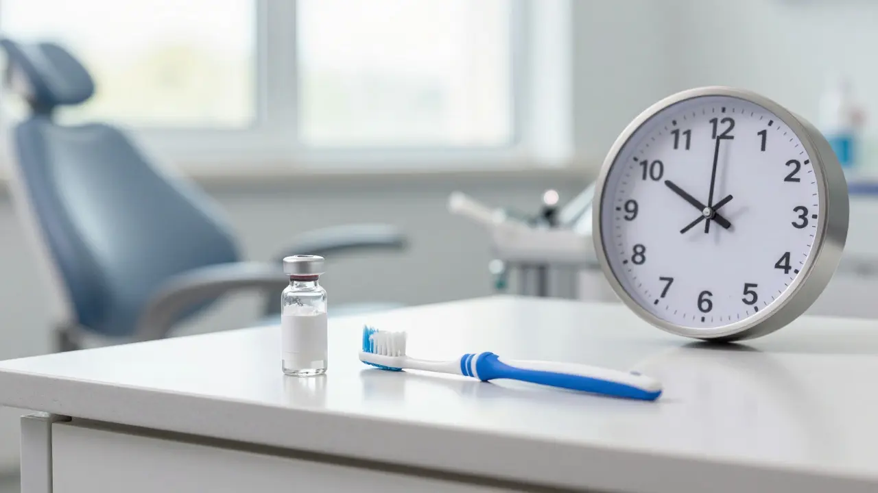 Dentální pracoviště s práškem skloionomerní plomby, zubní kartáček a hodiny ukazující 48 hodin po vypadnutí plomby.