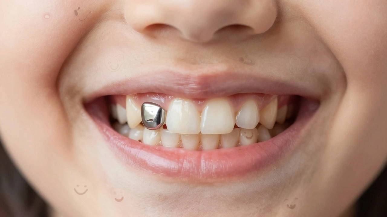 Dítě se usmívá, vidět tři zuby: bílá plomba, kovová korunka a trochu opotřebovaný zub na pozadí.