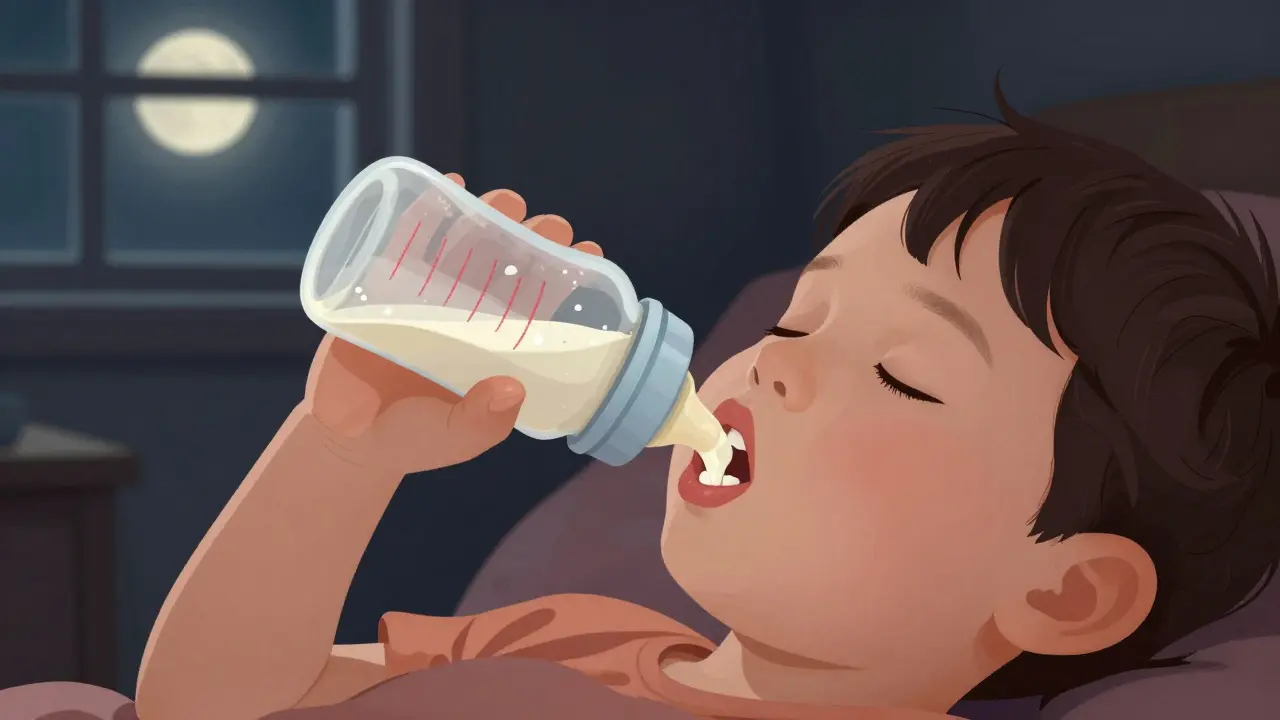 Dítě spí s lahví, mléko kapá na zuby, které mají počáteční známky kariés.