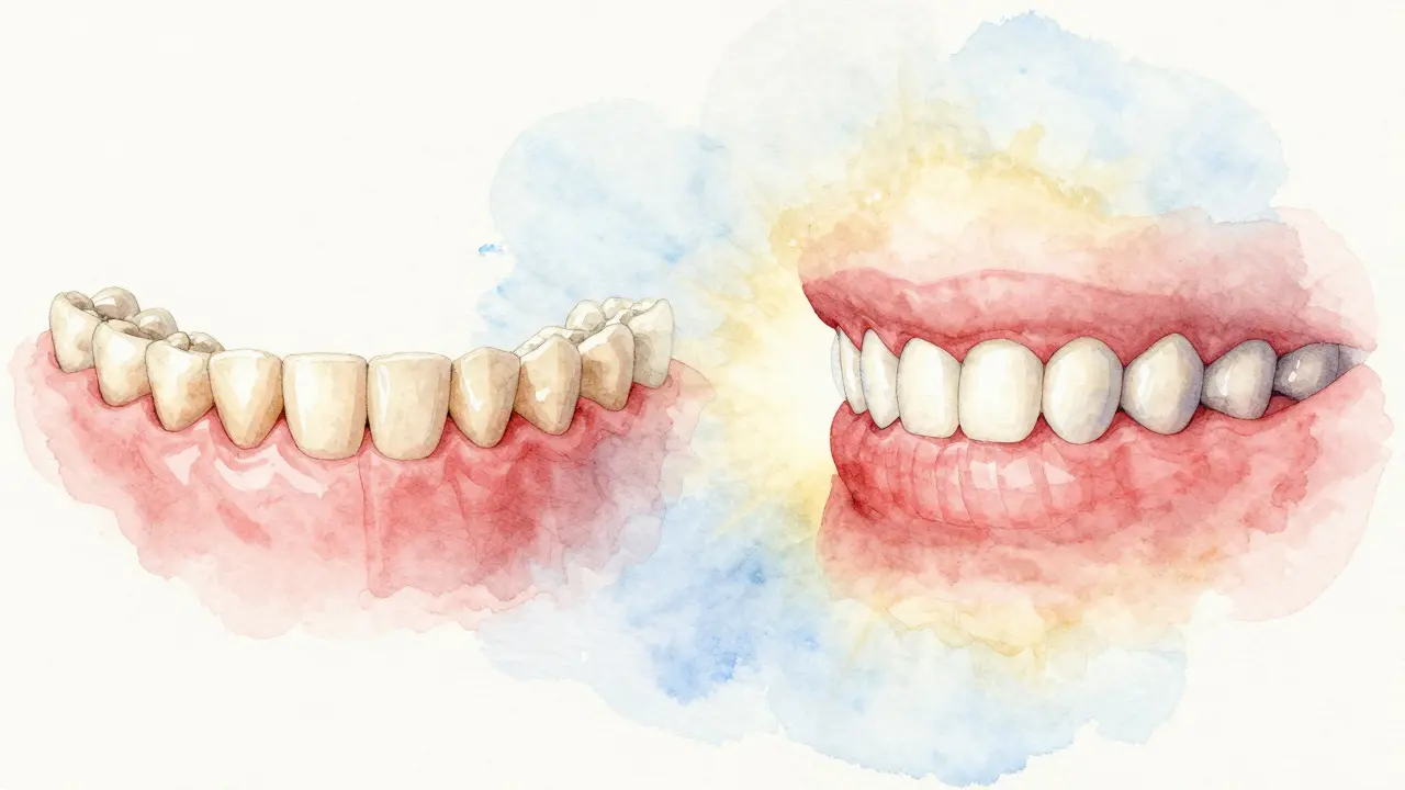 Dva vedle sebe umístěné profilové obrazy zubů: nepravidelné vs. dokonale vyrovnané s fazetami.