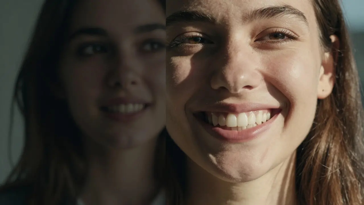 Dvě strany obličeje: jedna se smutně dívá, druhá se směje s dokonalým úsměvem.