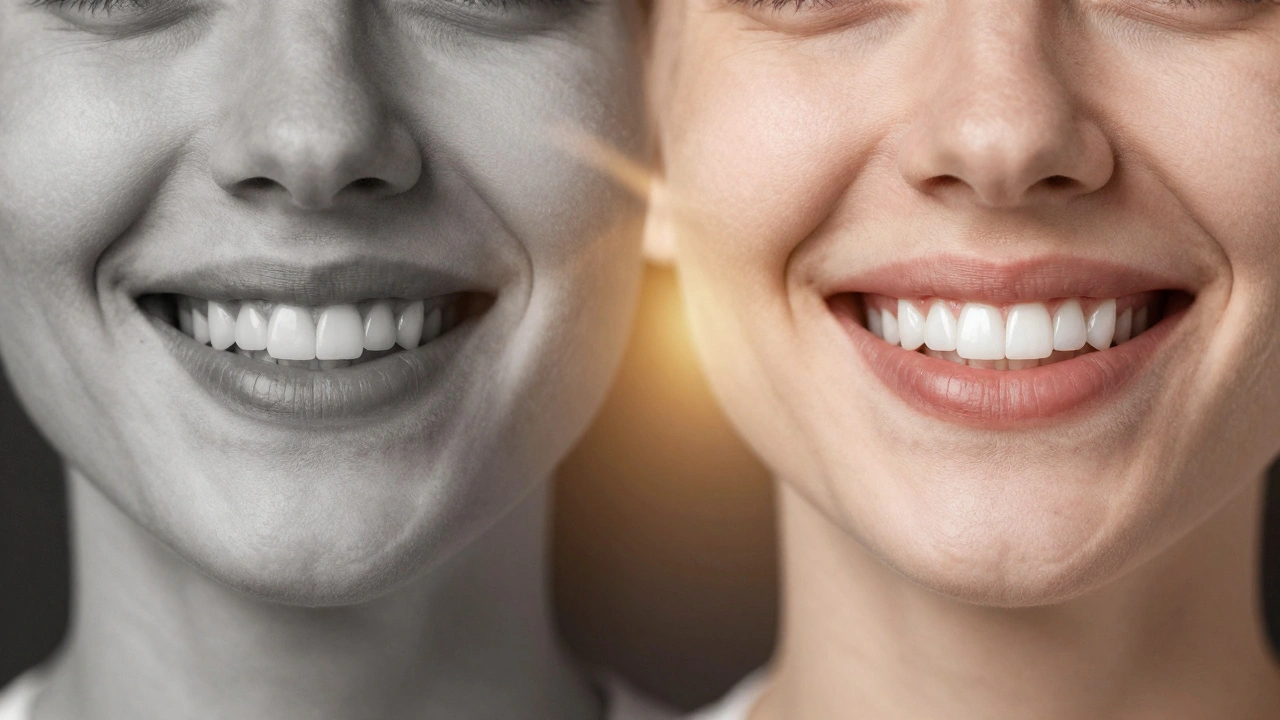 Dvě tváře: jedna s nevýrazným úsměvem, druhá s jasným, sebevědomým úsměvem.