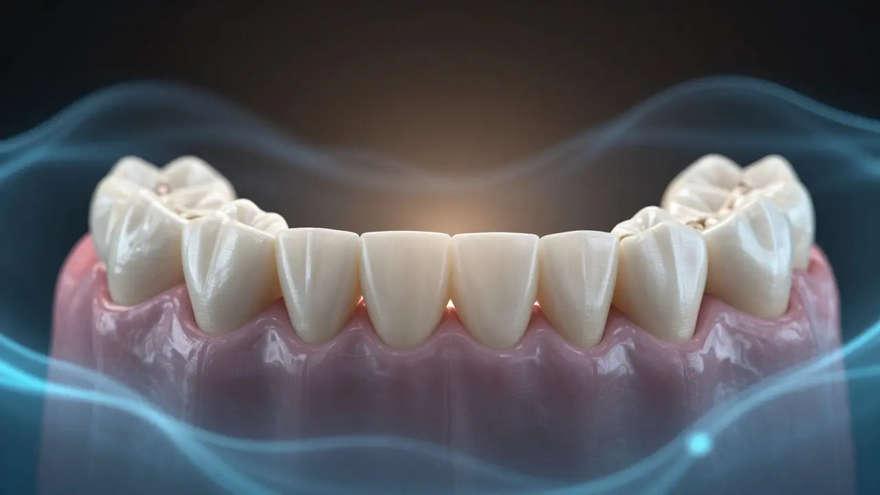 Koncepční obrázek přilepeného zubního mostu s jemnými vlnami hojivé tekutiny kolem.