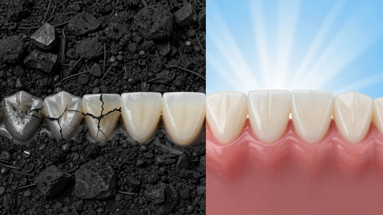 Kontrast mezi poškozenými zuby z domácích metod a zdravými zuby po odborném bělení.