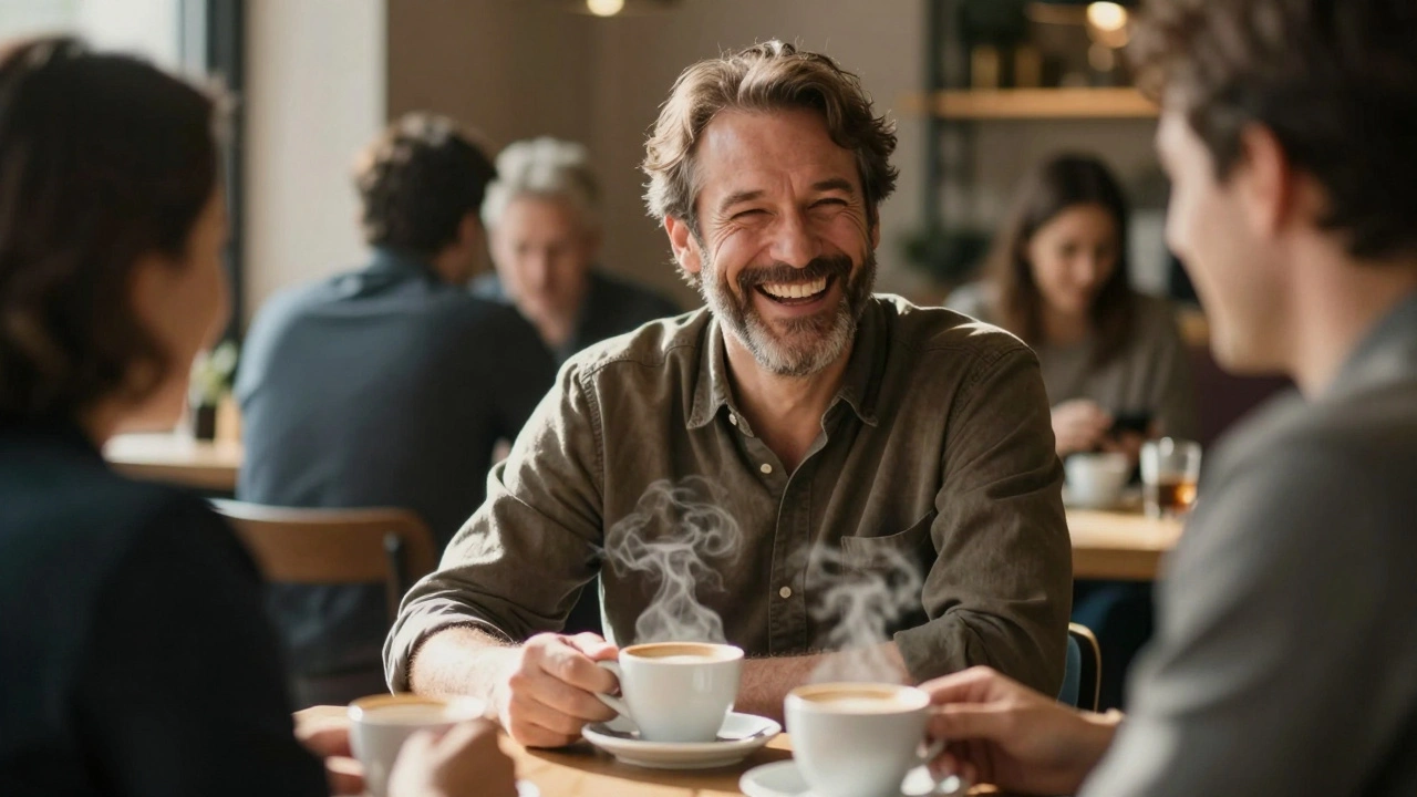 Muž se směje v kavárně, když mluví s kolegou, jeho úsměv je volný a bez strachu.