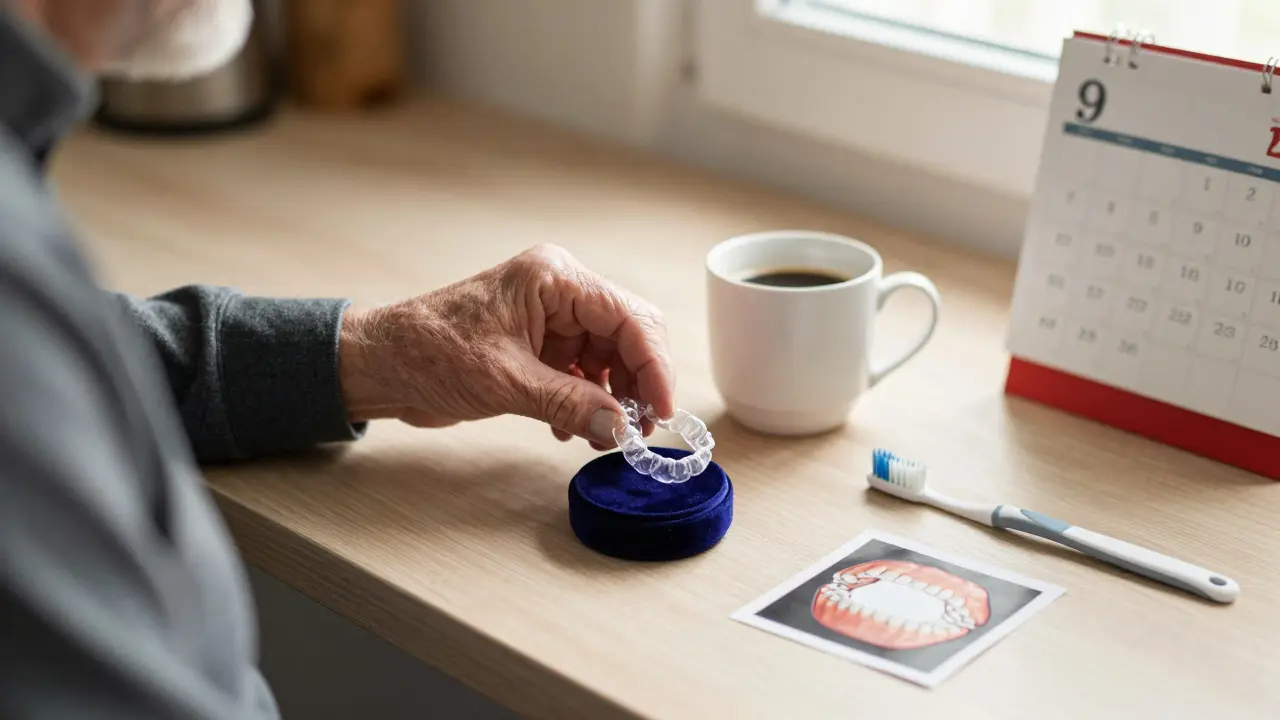 Muž ukládá retentor do krabičky vedle kávy, symbolizující trvalou péči o zuby.