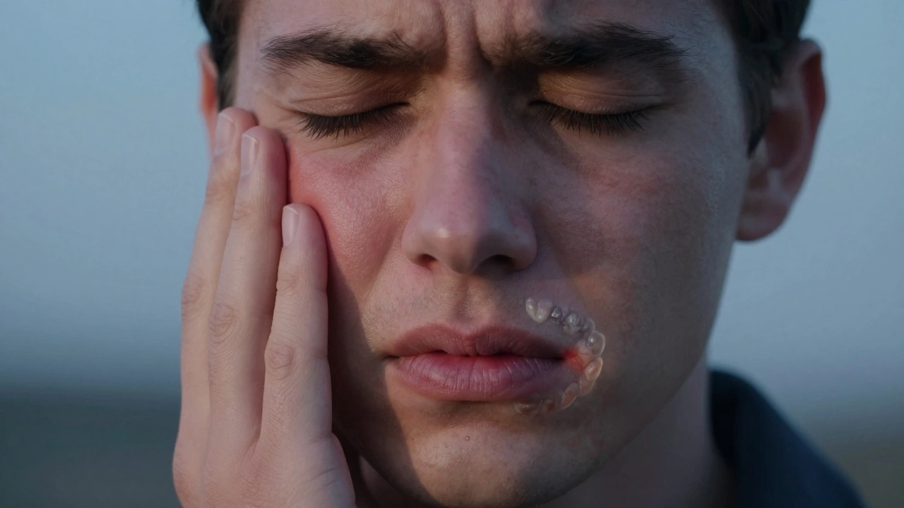 Osoba držící otoklou tvář, pod kůží viditelná infekce od mrtvého zubu.