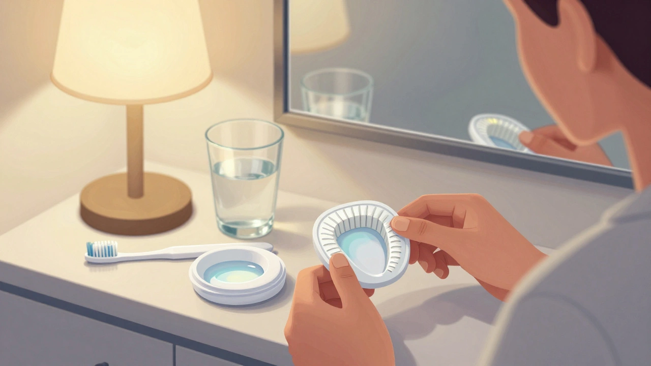 Osoba používá domácí bělící lišty ve vlastním domě večer.