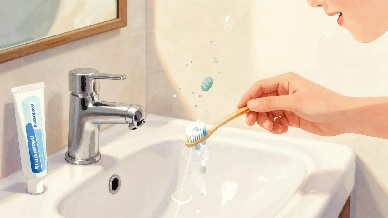 Osoba používá zubní nit ve sprše, viditelné odstranění zbytků potravy.