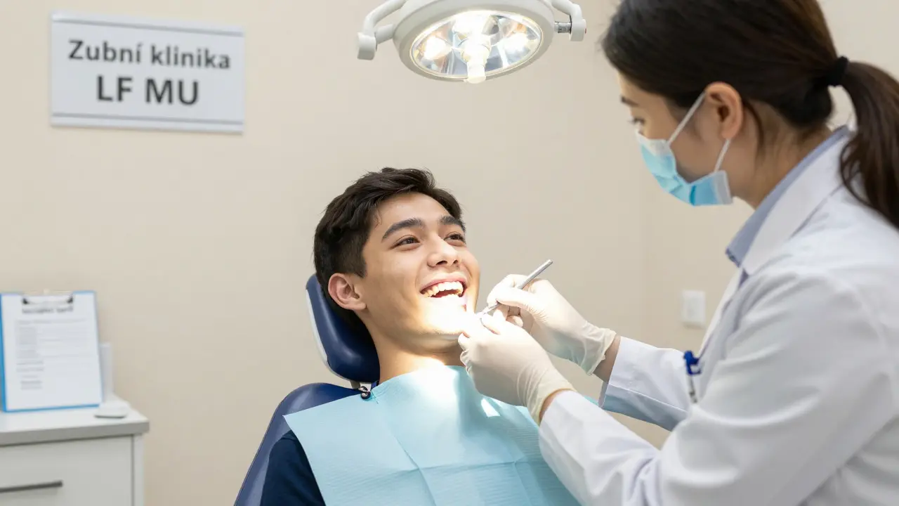 Pacient v zubní klinice na LF MU v Brně, kde mu student lékař prohlíží zuby.