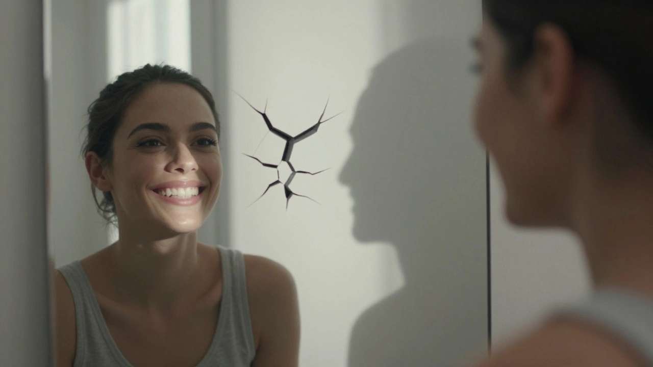 Person smiling in mirror, with shadow showing previous damaged teeth behind them.