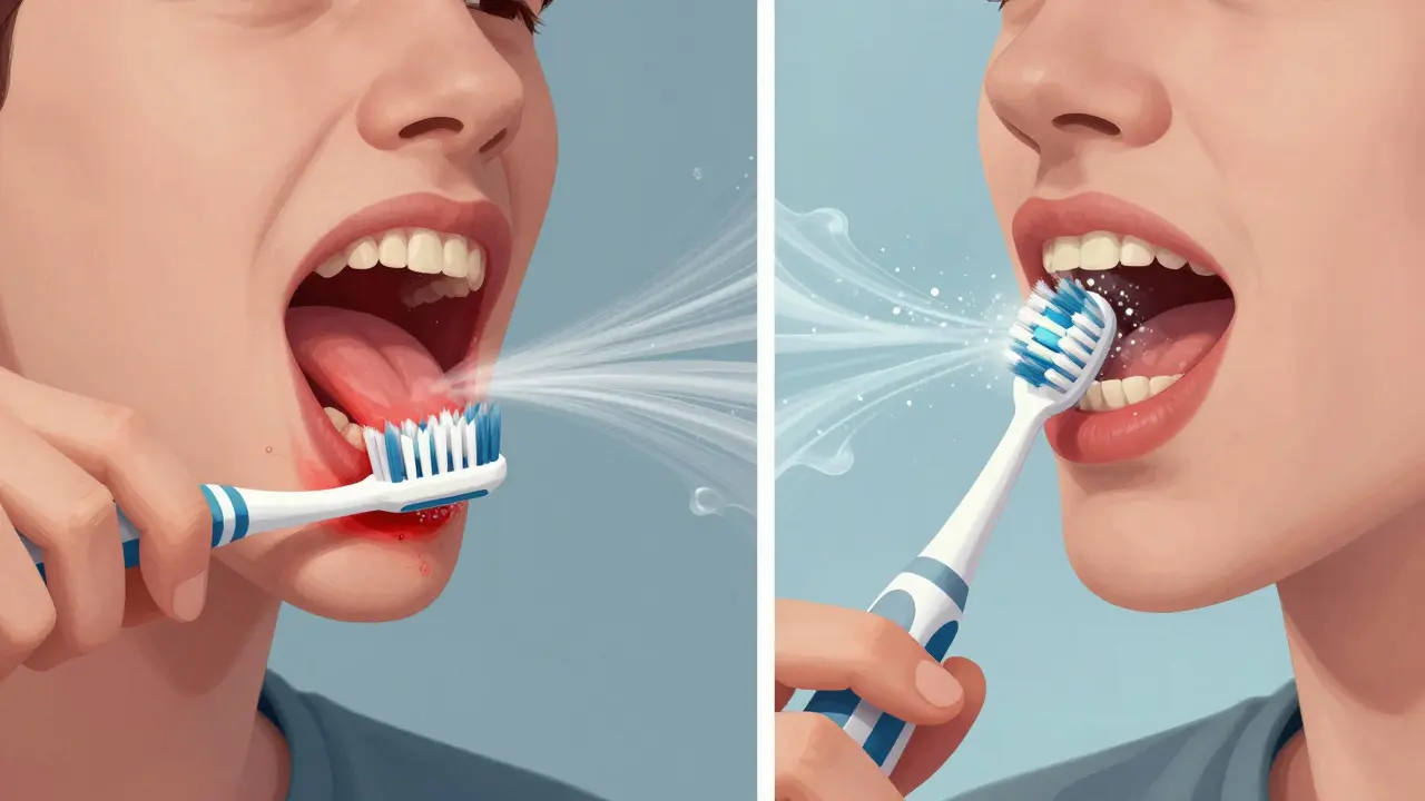 Porovnání ručního a sonického kartáčku: zánětlivé dásně vs. zdravé dásně a odstraňování plaku.