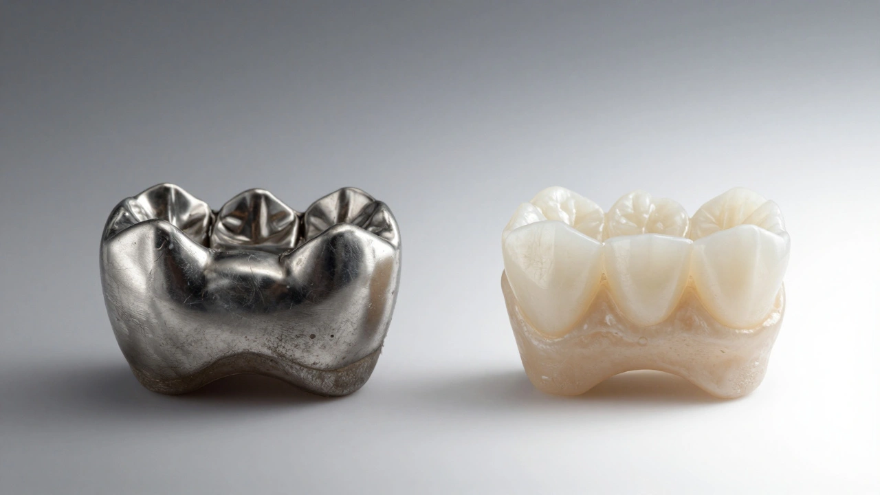 Porovnání staré metalokeramické a nové zirkonové korunky s výrazným rozdílem v estetice.