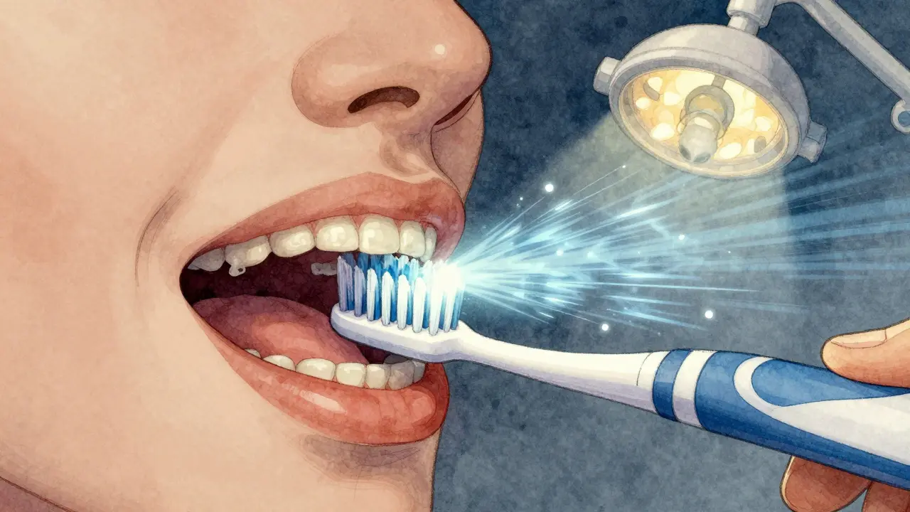 Přehled ústní dutiny: sonický kartáček rozkládá kámen akustickými vlnami, ruční kartáček jen škrábe.