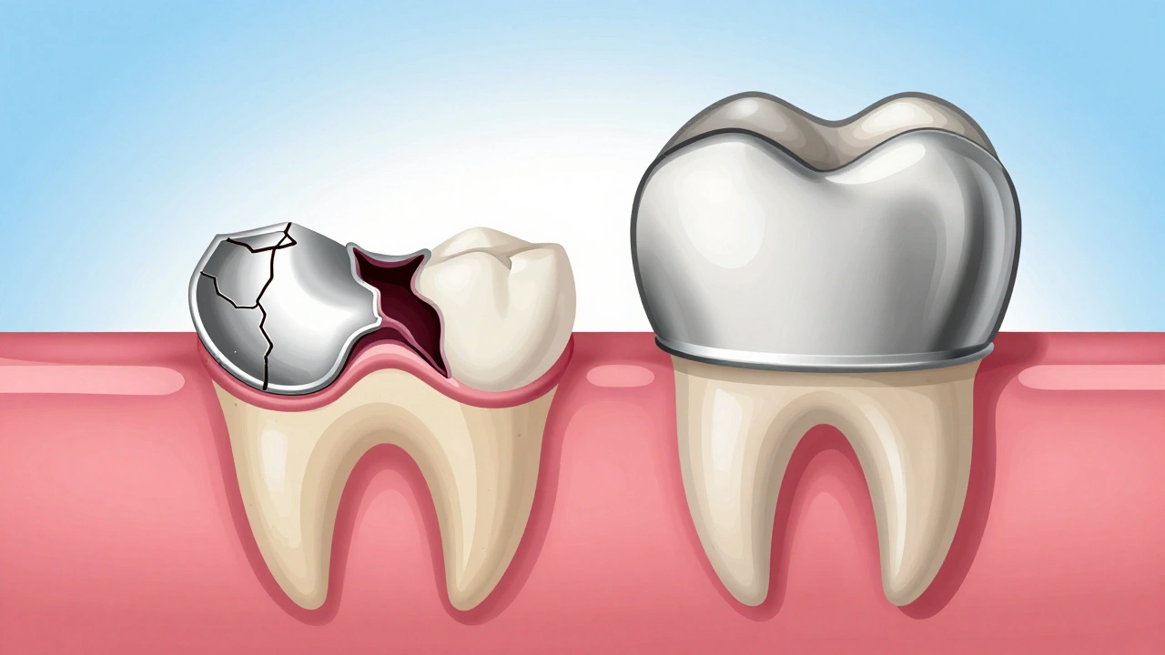 Příčný řez mléčného zubu: jedna strana s amalgame, druhá s kovovou korunkou, která celý zub obaluje.