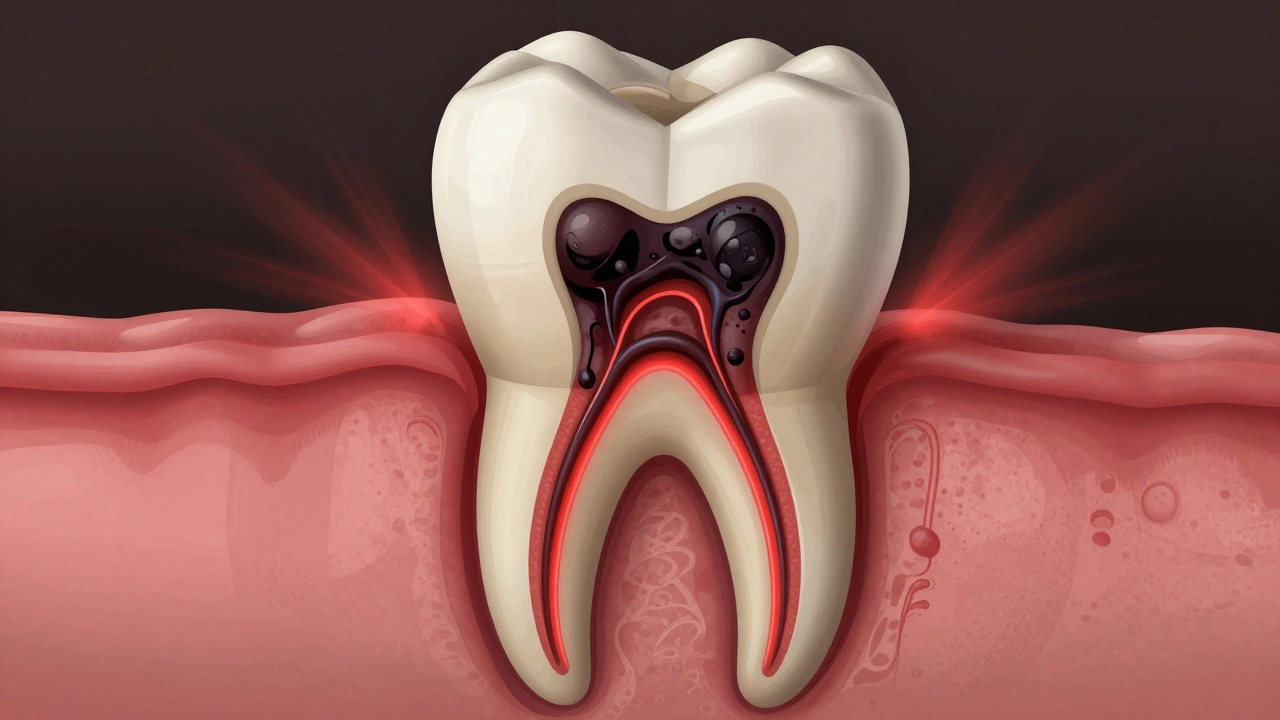 Průřez zubu s černou pultou a šířícími se bakteriemi do kořene a kosti.