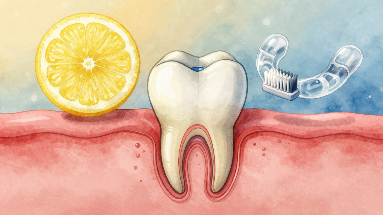 Průřez zubu s oděrskou sklovinou a vystaveným nervem, symboly kyselých potravin a špatného čištění.