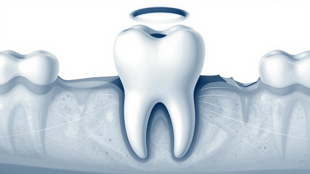 Rentgen kořene zubu s tmavým kroužkem na konci, označujícím infekci v kosti.