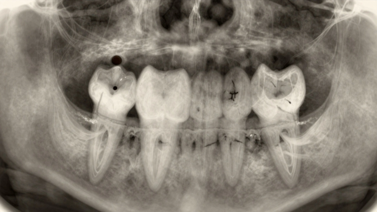 Rentgen mléčného zubu s malou tmavou skvrnou a viditelným trvalým zubem pod ním.