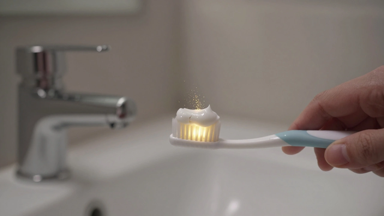 Ruka aplikuje zubní pastu na měkký kartáček, mikročástice se vstříkávají do zubní skloviny.