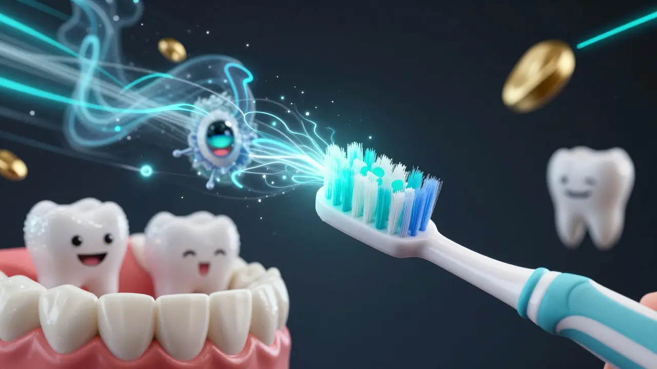 Sonický kartáček jako hrdina, který ničí plak pomocí zvukových vln mezi zuby.