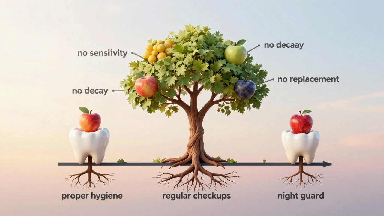Strom symbolizující 15letou životnost keramické plomby s klíčovými faktory péče.