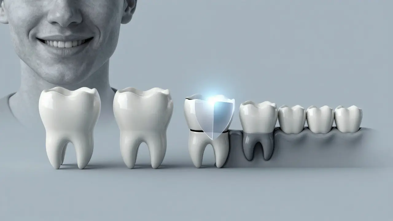 Timeline showing tooth shift and bone loss with an adhesive bridge as preventive solution.
