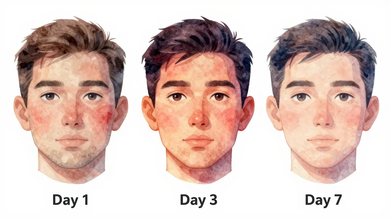 Tři panely znázorňující postupné zmenšování otoků po nalepení zubů v průběhu sedmi dní.