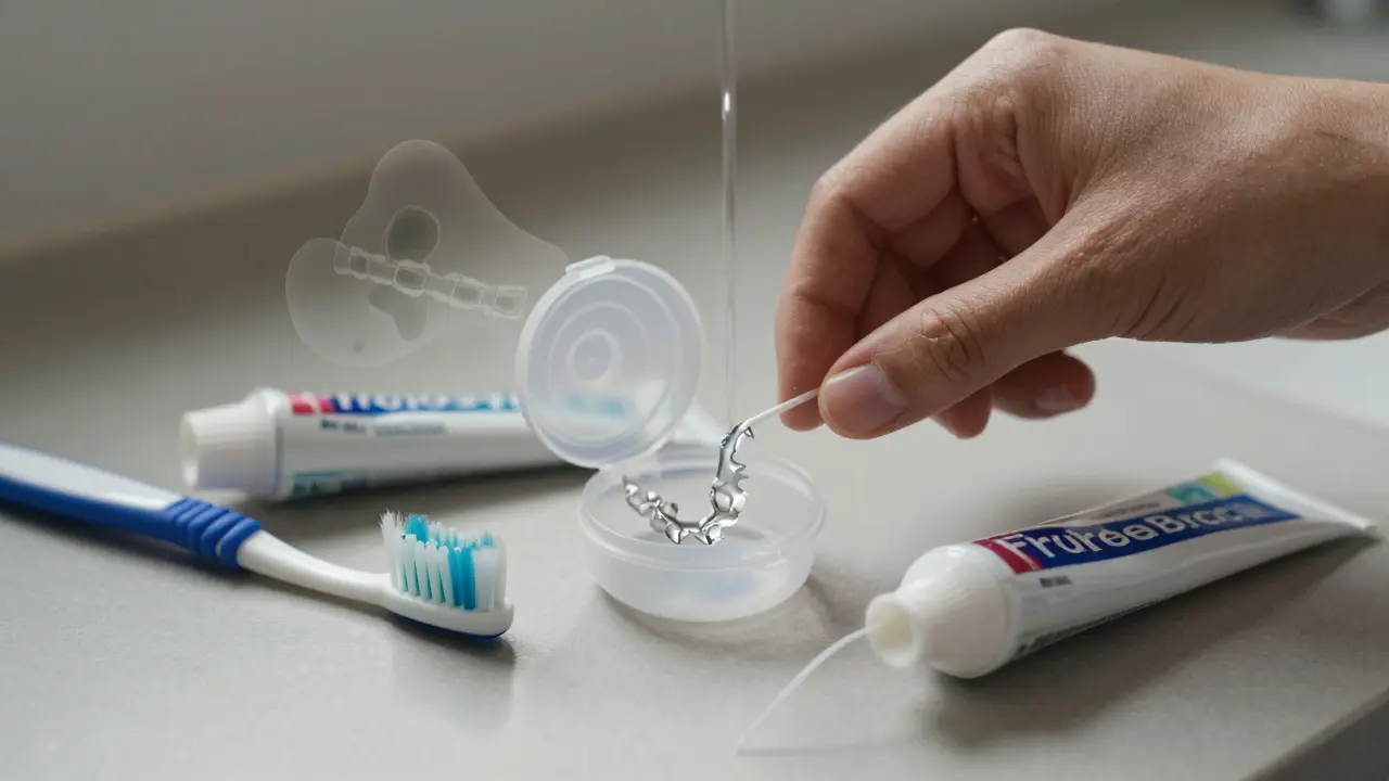 Uložený kroužek od rovnátek spolu s potřebami pro péči o zuby.