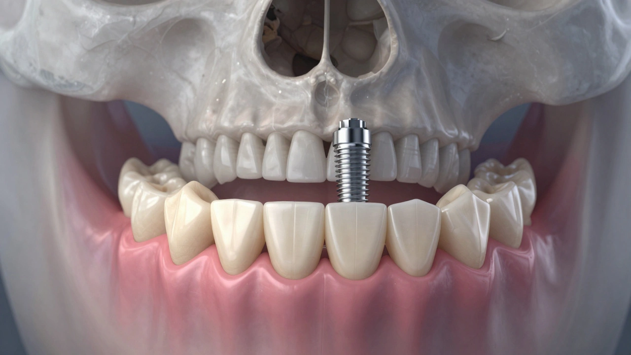 Zdravá čelist s implantáty v kontrastu s atrofickou kostí, symbolizující důsledky zpožděné léčby.