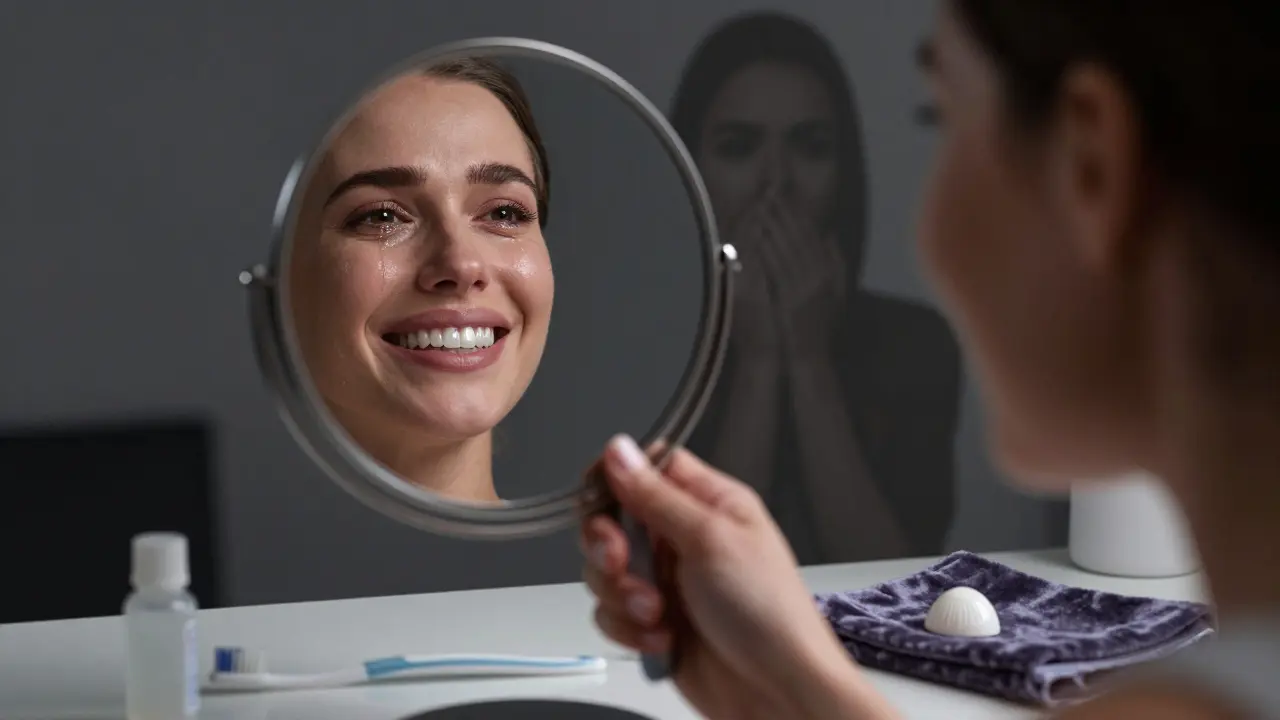 Žena se dívá do zrcadla a pláče ze štěstí, když vidí svůj nový úsměv s fazetami.